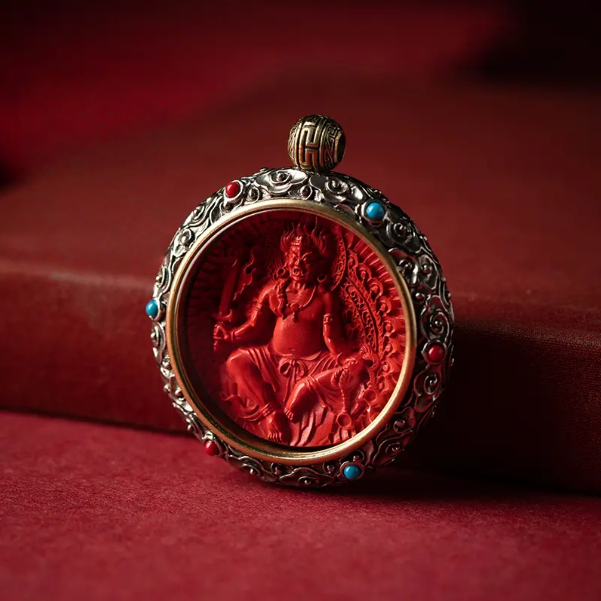 Cinnabar Blessing, Destiny Fortune – Cinnabar & Silver-Inlaid Guardian Buddha Pendant