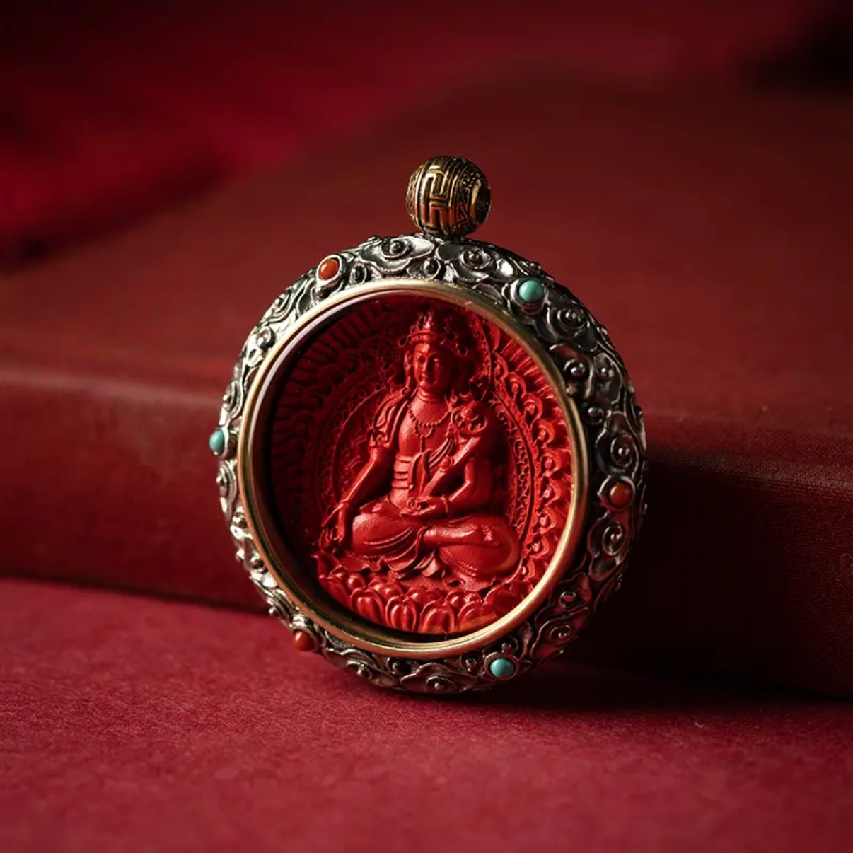 Cinnabar Blessing, Destiny Fortune – Cinnabar & Silver-Inlaid Guardian Buddha Pendant