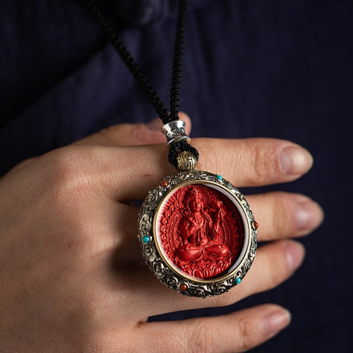 Cinnabar Blessing, Destiny Fortune – Cinnabar & Silver-Inlaid Guardian Buddha Pendant
