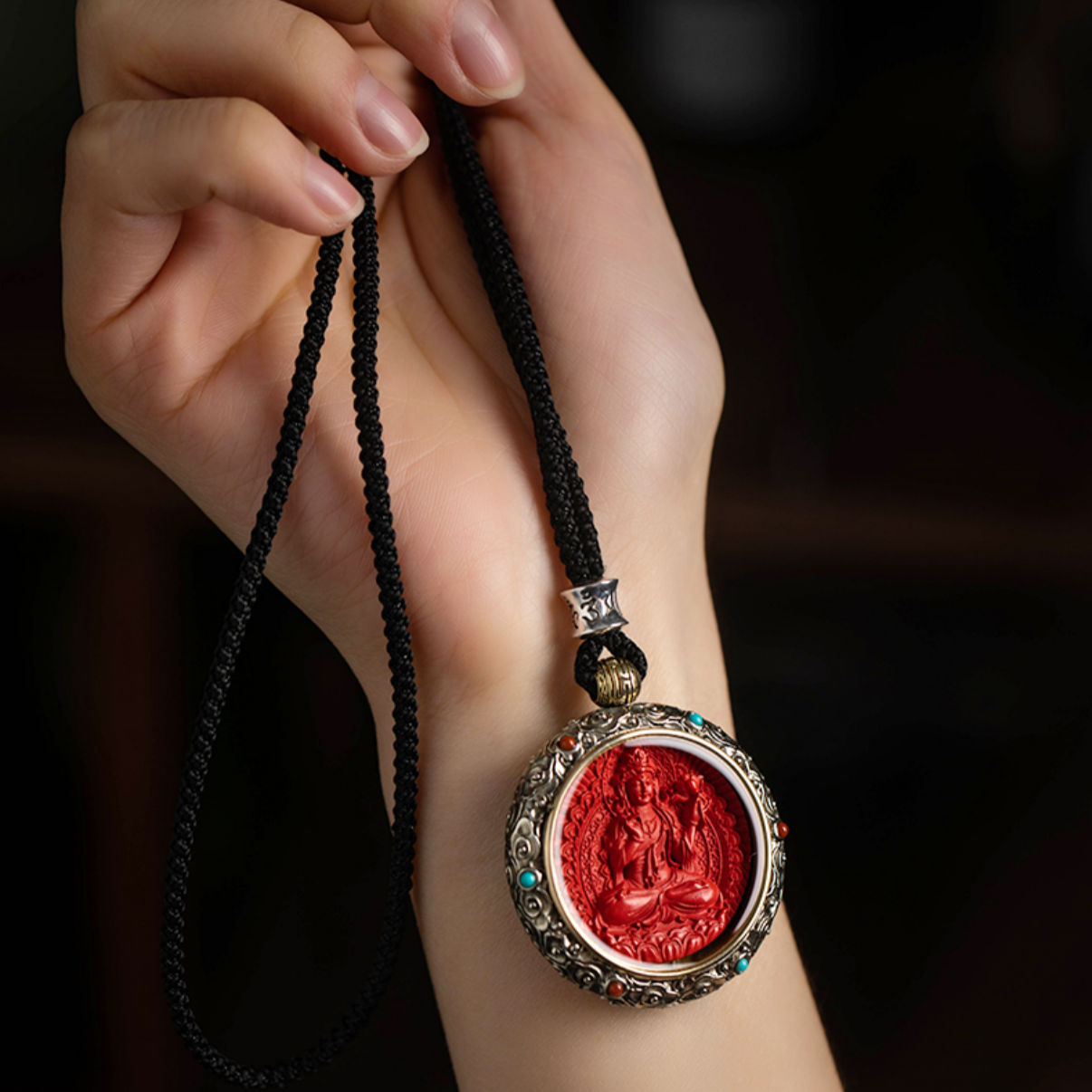 Cinnabar Blessing, Destiny Fortune – Cinnabar & Silver-Inlaid Guardian Buddha Pendant