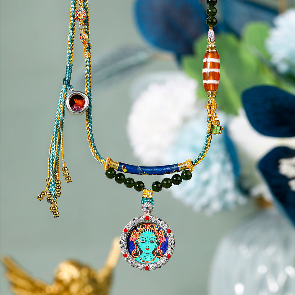 Green Tara Protector, Blessing and Health, Green Tara Hand-painted Thangka Pendant
