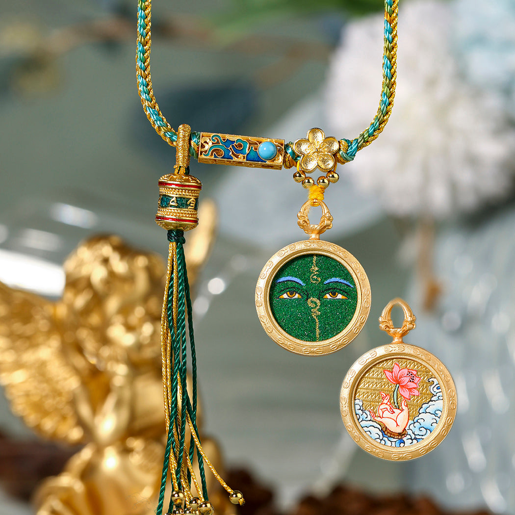 Buddha's Eyes Brightly Illuminated - Green Tara double-sided blessing, eliminate disasters and increase wisdom, pure handmade thangka body protection pendant