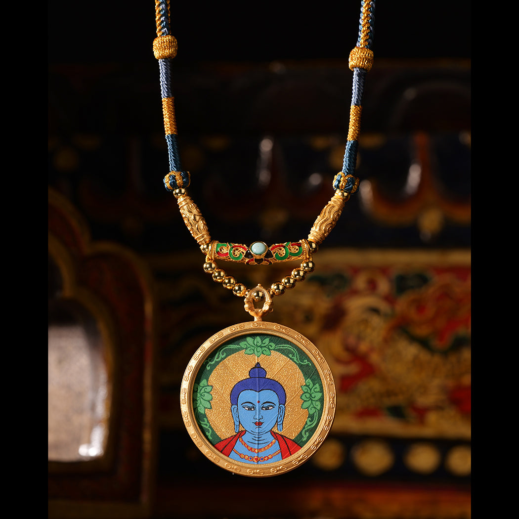 Bodhi Wisdom Light - Medicine Buddha's blessing, dispel disease and prolong life, pure handmade thangka health protection pendant