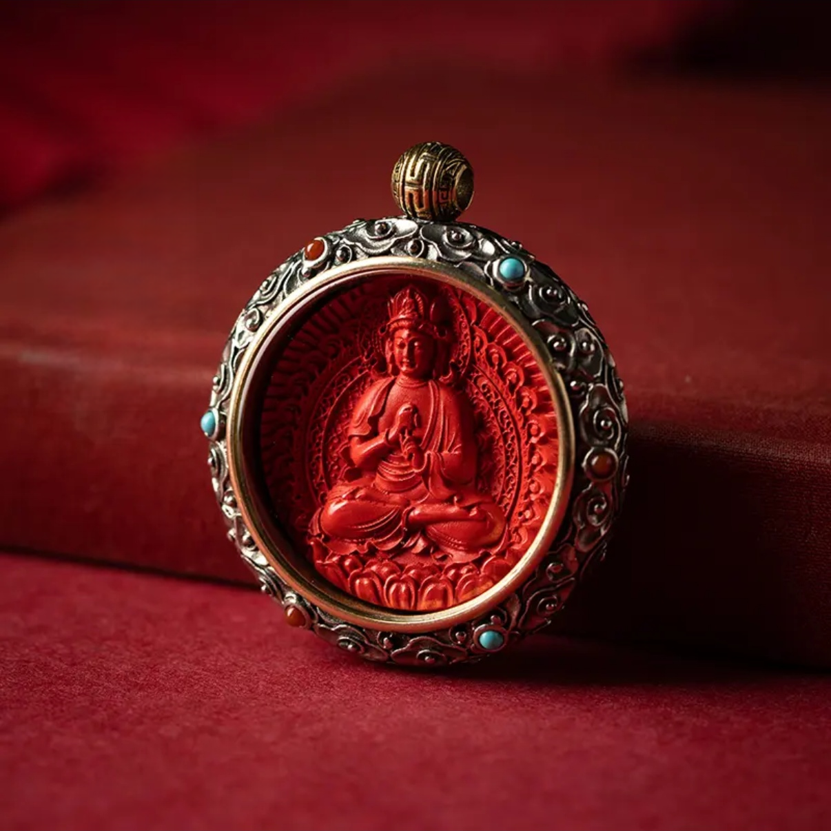 Cinnabar Blessing, Destiny Fortune – Cinnabar & Silver-Inlaid Guardian Buddha Pendant