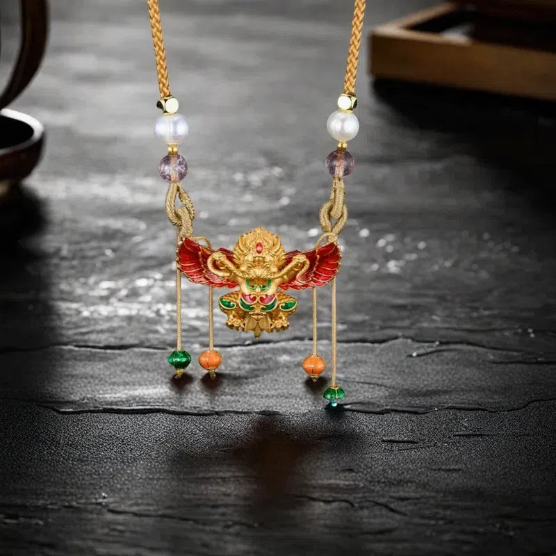 Peace and prosperity, flood of blessings 925 silver enameled gold-winged roc bird pendant