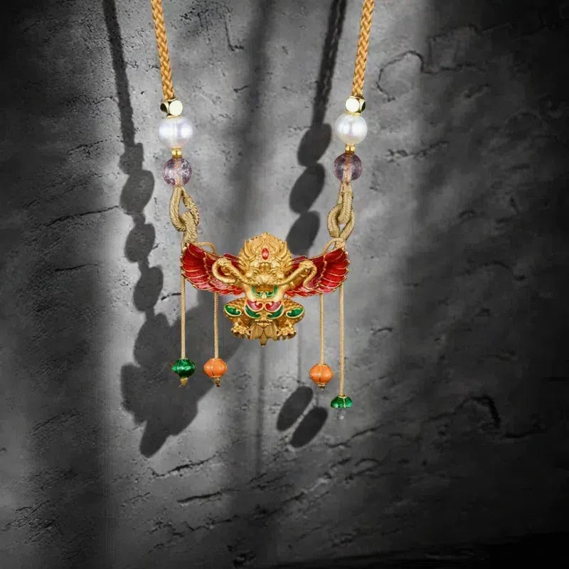 Peace and prosperity, flood of blessings 925 silver enameled gold-winged roc bird pendant