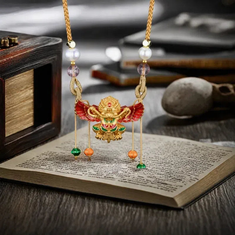 Peace and prosperity, flood of blessings 925 silver enameled gold-winged roc bird pendant