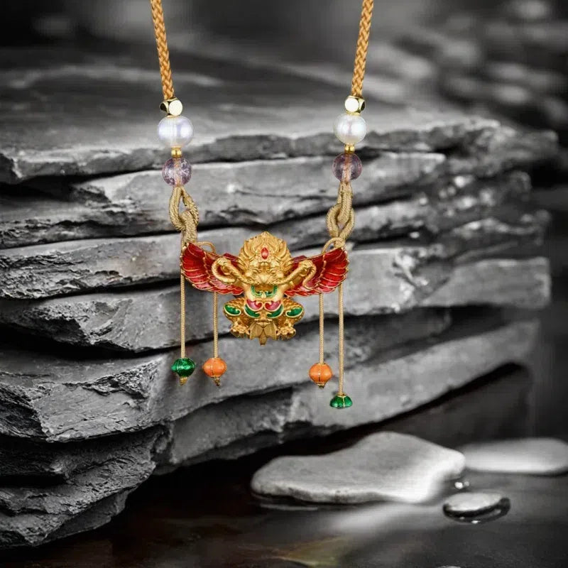 Peace and prosperity, flood of blessings 925 silver enameled gold-winged roc bird pendant