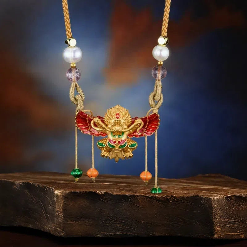 Peace and prosperity, flood of blessings 925 silver enameled gold-winged roc bird pendant