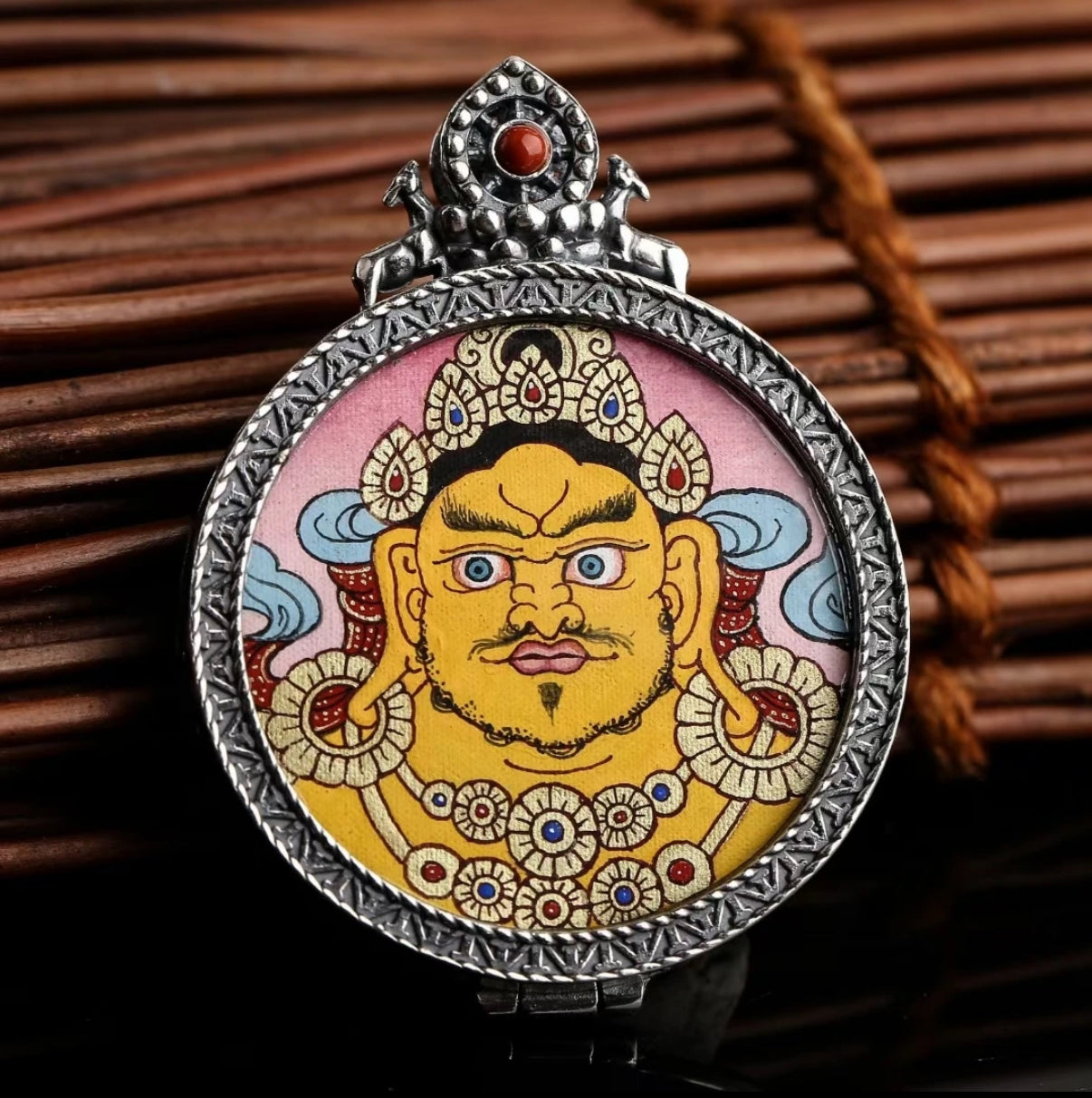 Yellow God of Fortune blessing, fortune and prosperity, S925 silver ethnic style hand-painted yellow god of fortune thangka pendant