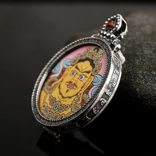 Yellow God of Fortune blessing, fortune and prosperity, S925 silver ethnic style hand-painted yellow god of fortune thangka pendant