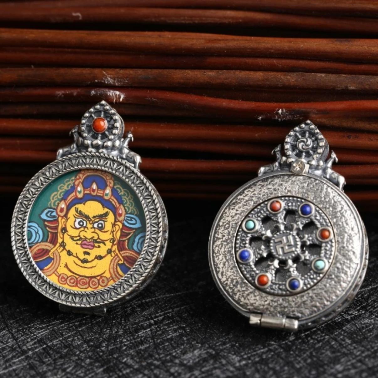 Fortune, fortune, S925 sterling silver hot tribute hand-painted miniature God of Fortune small thangka rotating pendant pendant