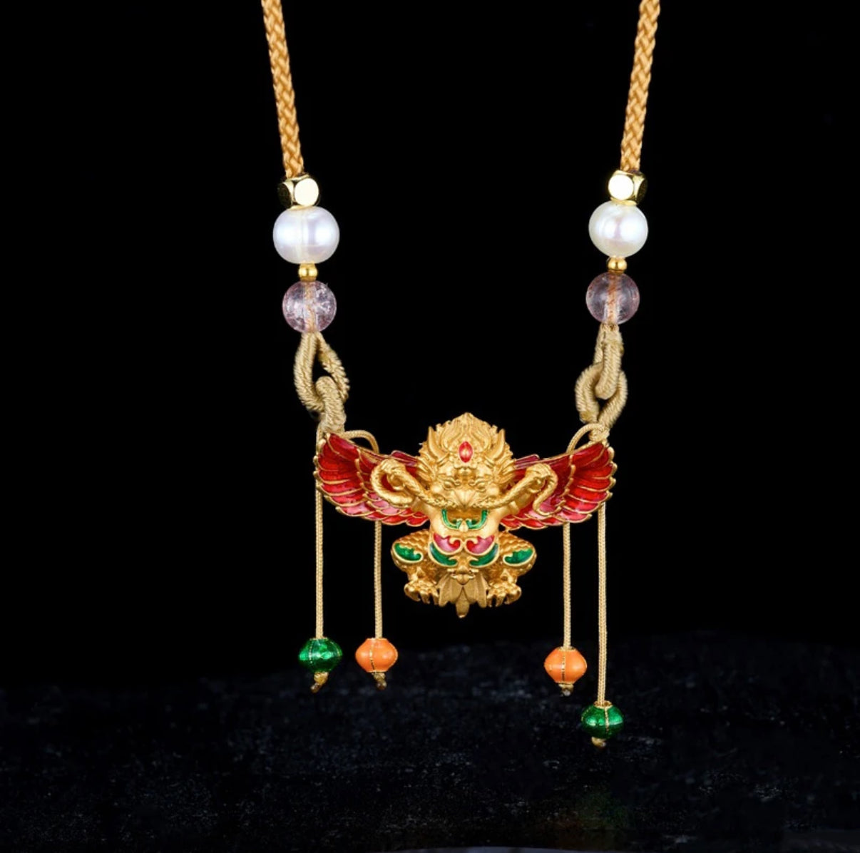 Peace and prosperity, flood of blessings 925 silver enameled gold-winged roc bird pendant