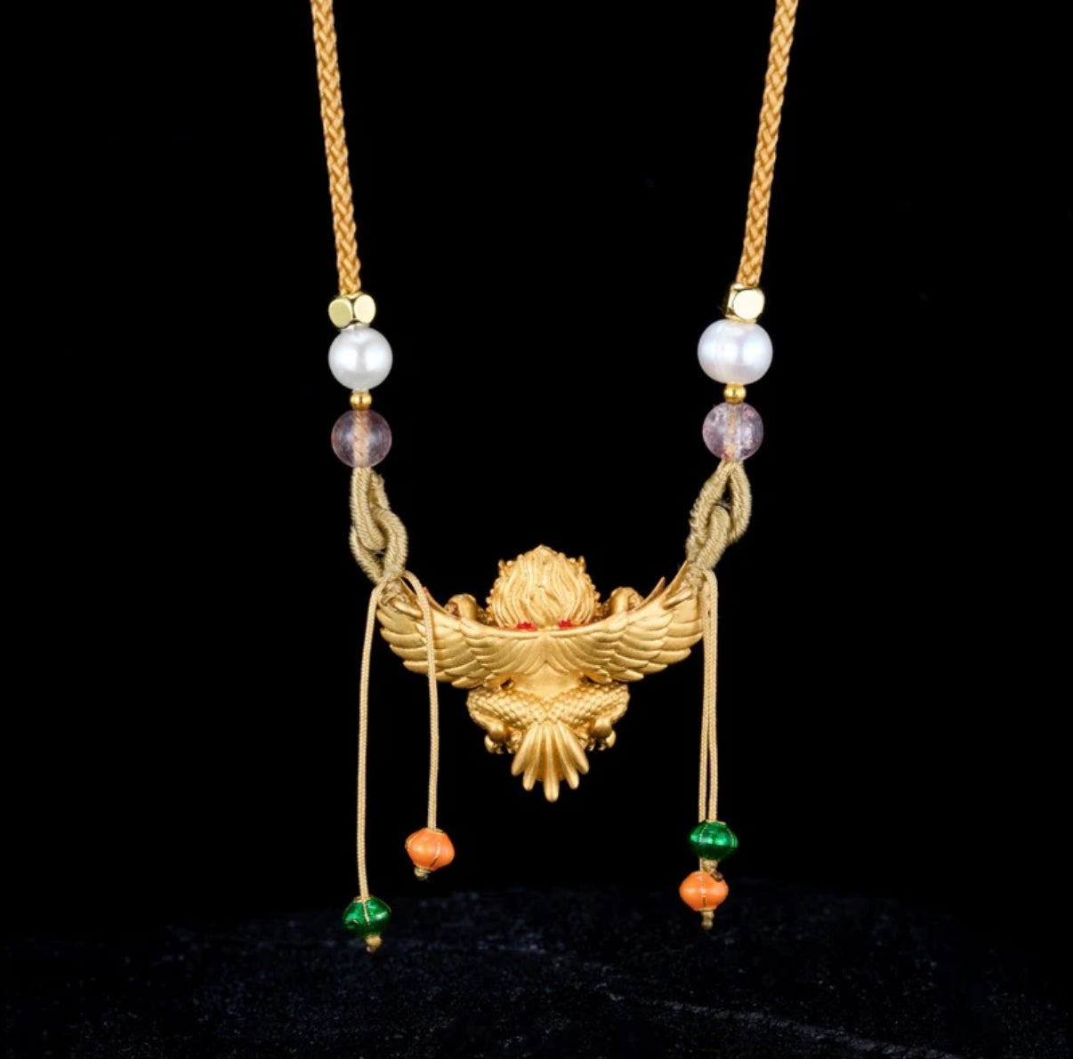 Peace and prosperity, flood of blessings 925 silver enameled gold-winged roc bird pendant