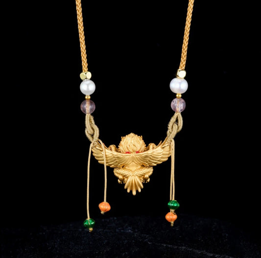 Peace and prosperity, flood of blessings 925 silver enameled gold-winged roc bird pendant