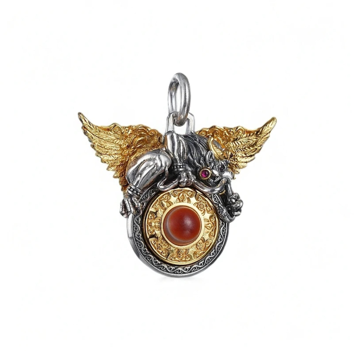 Ward off evil, good luck 925 silver gold winged roc bird inlaid plate bead necklace pendant
