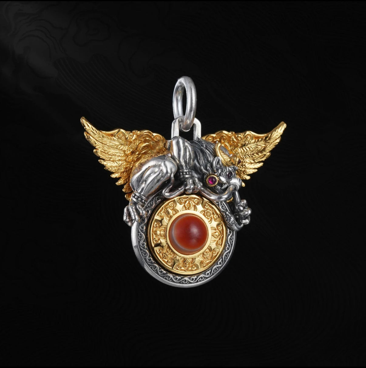 Ward off evil, good luck 925 silver gold winged roc bird inlaid plate bead necklace pendant