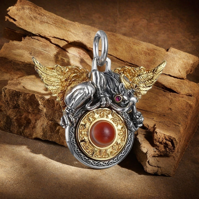 Ward off evil, good luck 925 silver gold winged roc bird inlaid plate bead necklace pendant