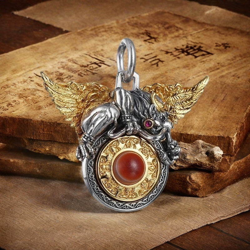 Ward off evil, good luck 925 silver gold winged roc bird inlaid plate bead necklace pendant