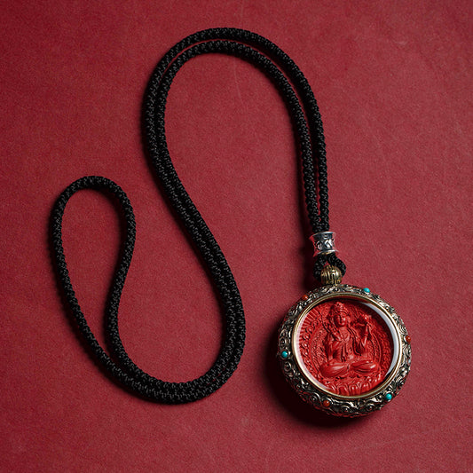 Cinnabar Blessing, Destiny Fortune – Cinnabar & Silver-Inlaid Guardian Buddha Pendant