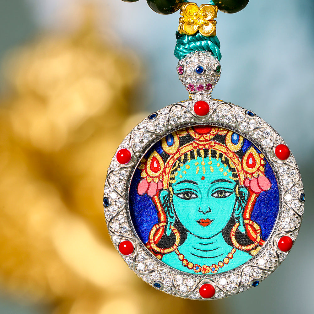 Green Tara Protector, Blessing and Health, Green Tara Hand-painted Thangka Pendant