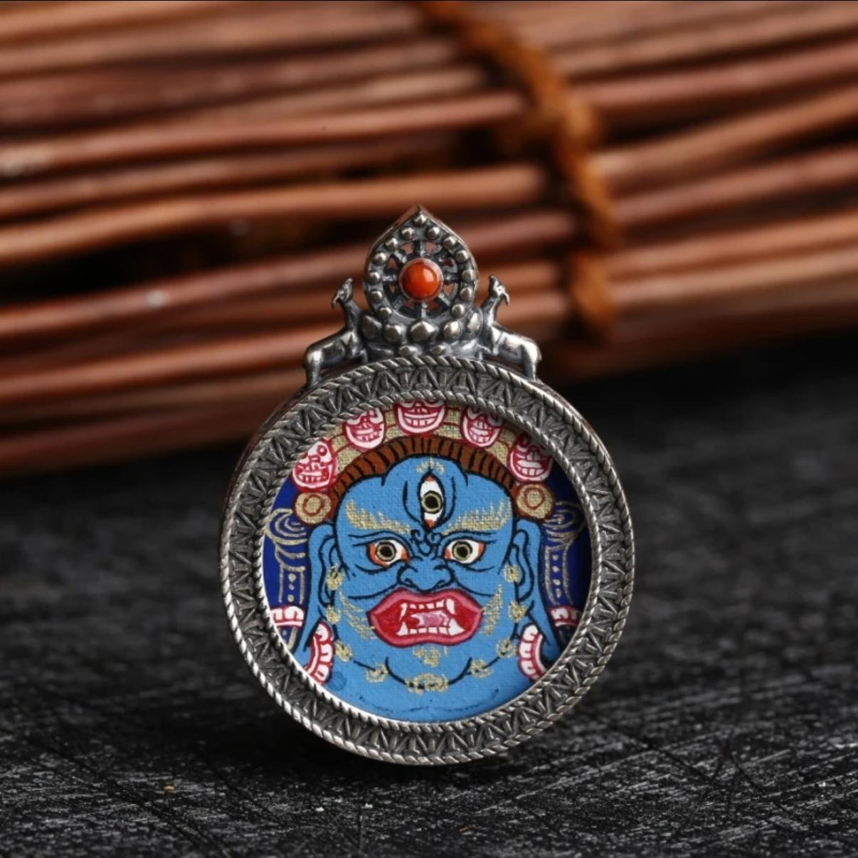 Fortune, fortune, S925 sterling silver hot tribute hand-painted miniature God of Fortune small thangka rotating pendant pendant