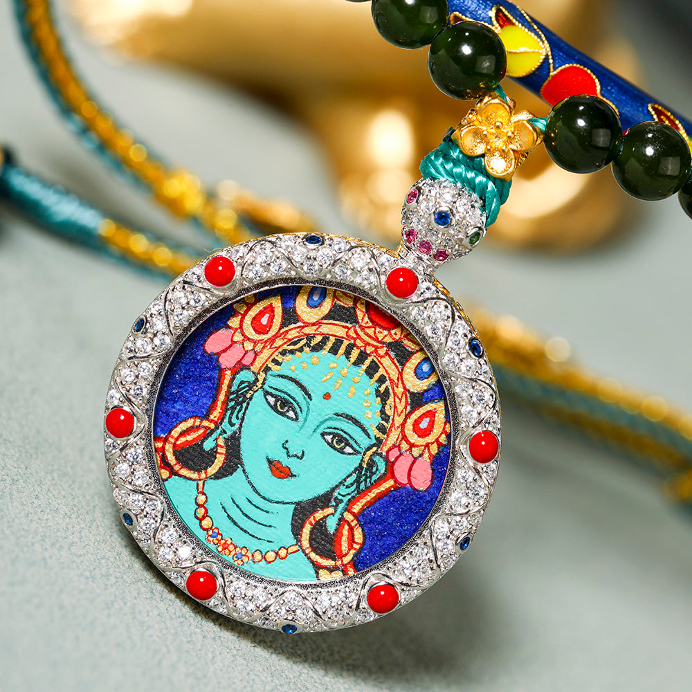 Green Tara Protector, Blessing and Health, Green Tara Hand-painted Thangka Pendant