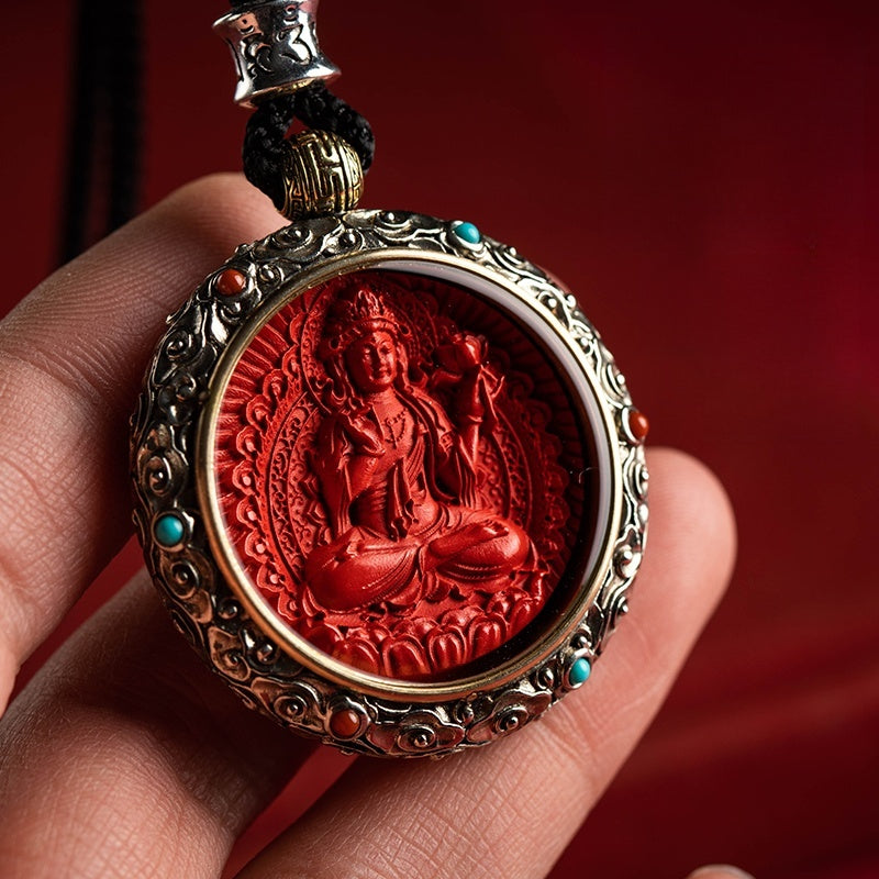 Cinnabar Blessing, Destiny Fortune – Cinnabar & Silver-Inlaid Guardian Buddha Pendant