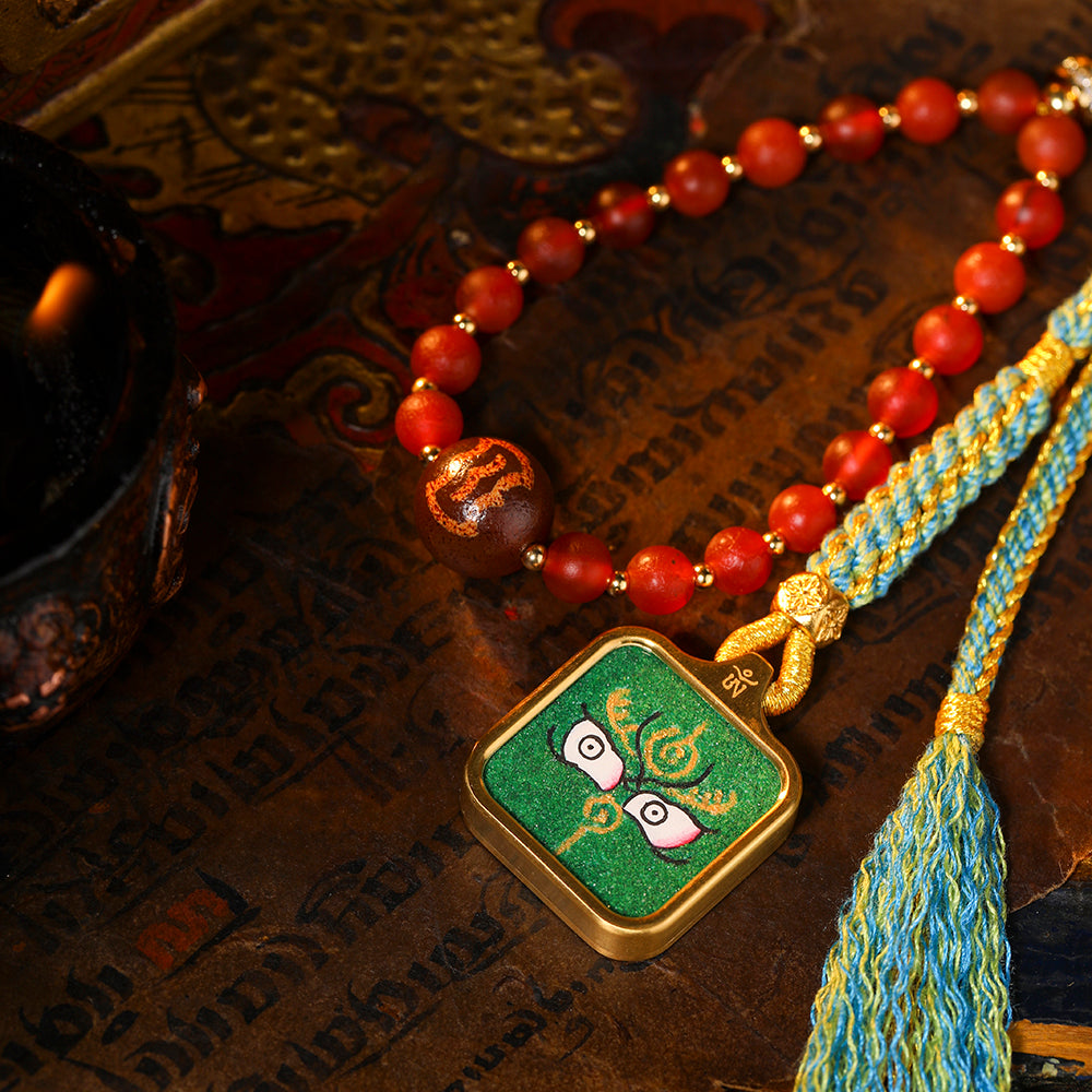 Green Fortune, Blessing and Health, Coarse Mineral Sand Green Fortune Buddha's Eye Pendant