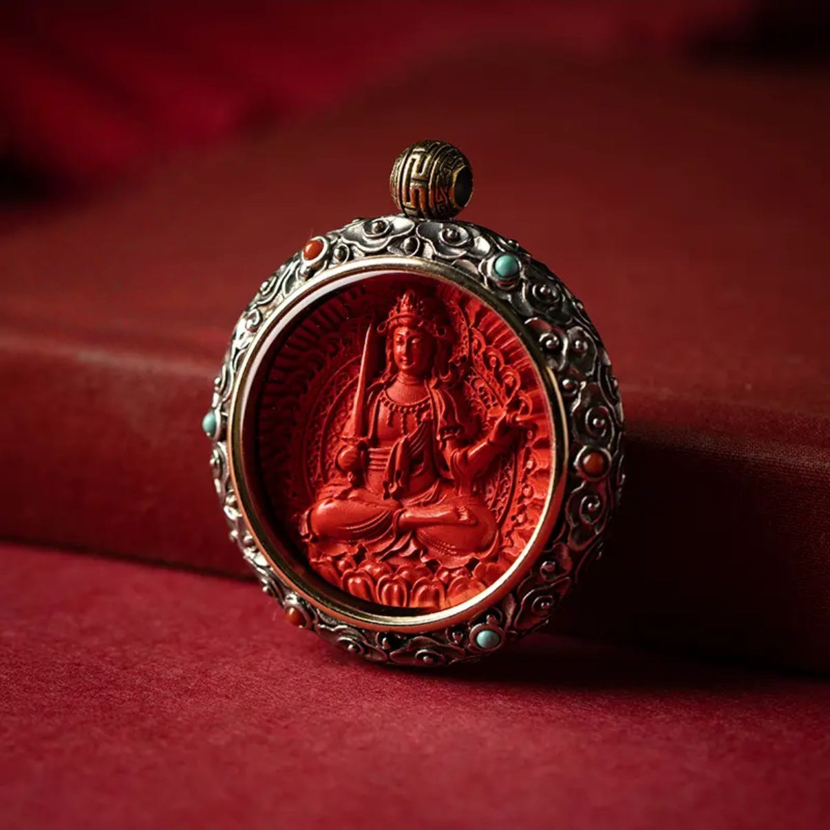 Cinnabar Blessing, Destiny Fortune – Cinnabar & Silver-Inlaid Guardian Buddha Pendant