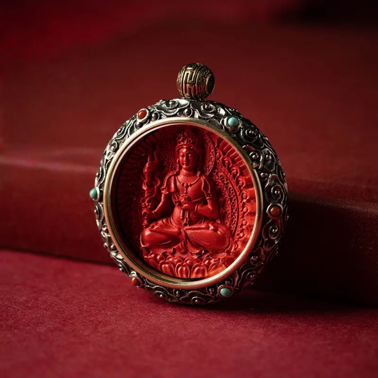 Cinnabar Blessing, Destiny Fortune – Cinnabar & Silver-Inlaid Guardian Buddha Pendant
