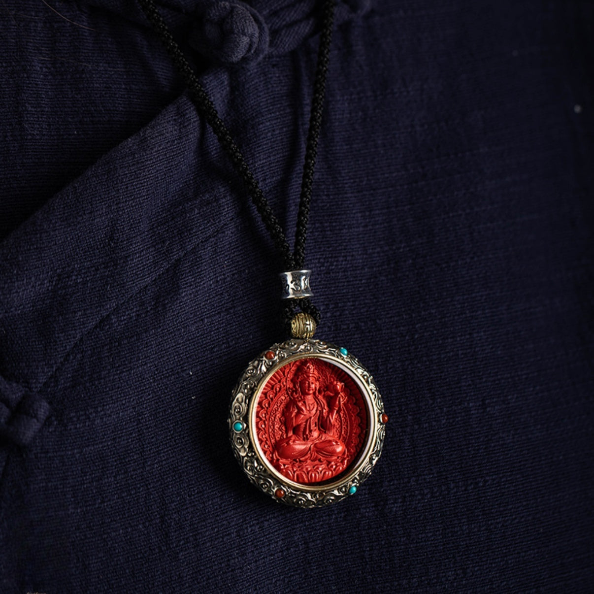 Cinnabar Blessing, Destiny Fortune – Cinnabar & Silver-Inlaid Guardian Buddha Pendant