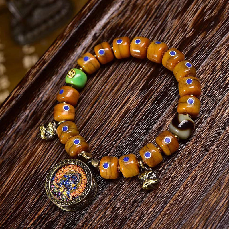 Khampa Ox Horn Mala – Hand-Carved Bracelet with Turquoise Energy & Prayer Tassel