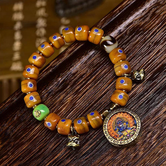 Khampa Ox Horn Mala – Hand-Carved Bracelet with Turquoise Energy & Prayer Tassel