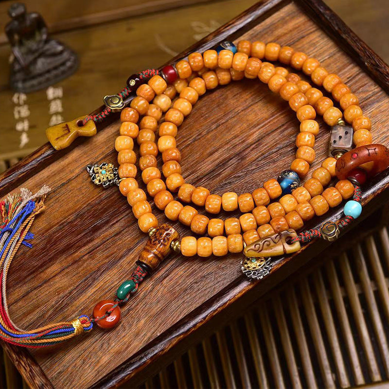 108 Mala Necklace – Camel Bone with Traditional Charms & Energy Tassel