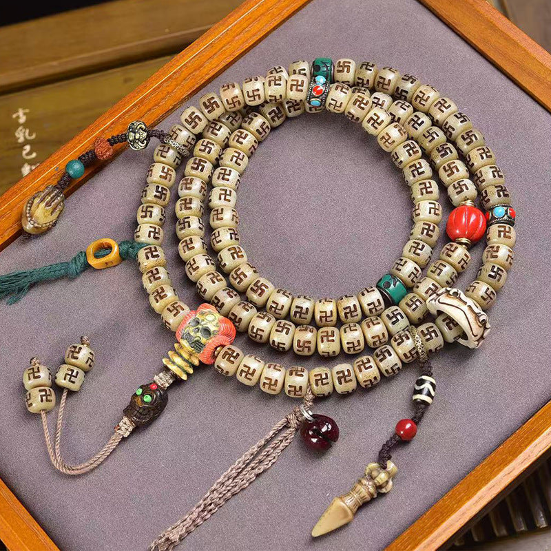 Auspicious Energy Mala – 108-Bead Necklace with Skull Motifs & Bone Beads