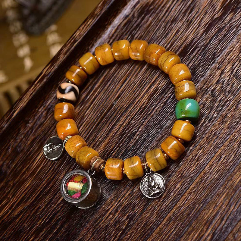 Color Charm Camel Bone Bracelet – Tibetan Mala with Ritual Amulet