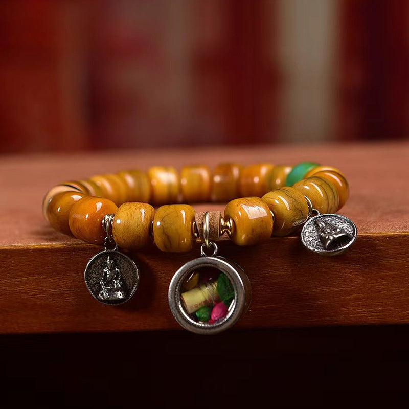 Color Charm Camel Bone Bracelet – Tibetan Mala with Ritual Amulet