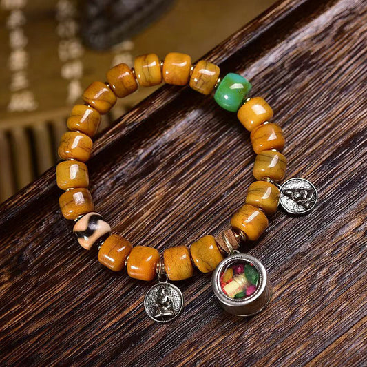 Color Charm Camel Bone Bracelet – Tibetan Mala with Ritual Amulet