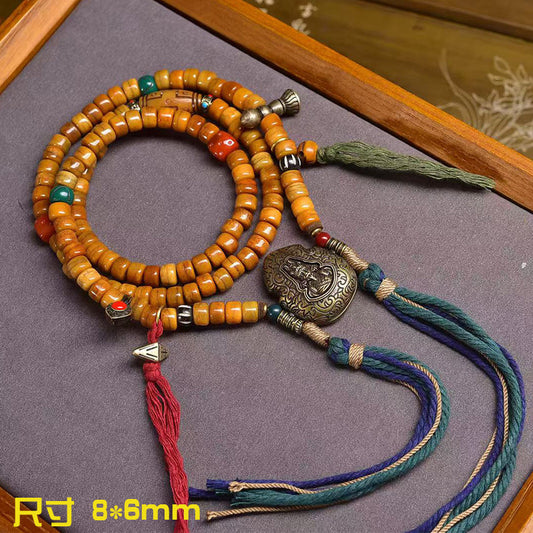 Vajra Warrior Mala – Camel Bone Prayer Necklace with Colorful Threads