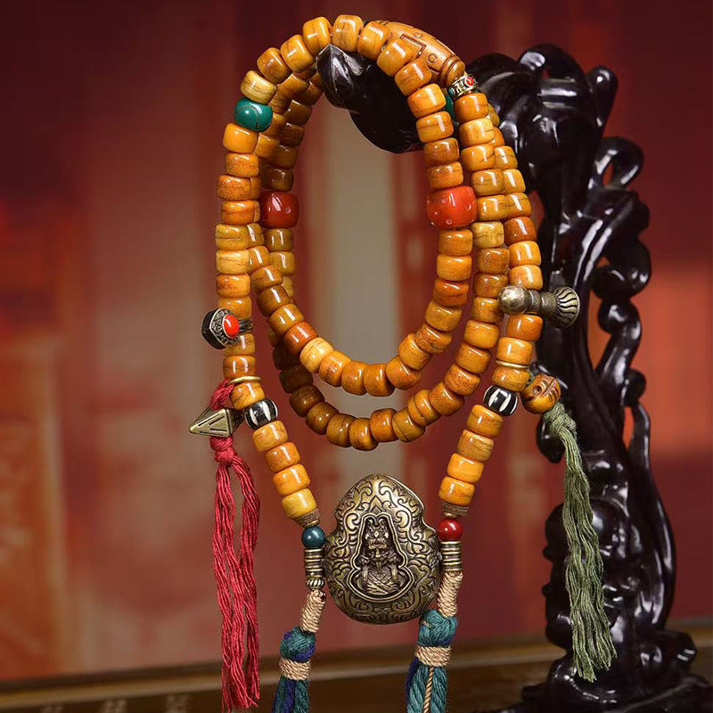Vajra Warrior Mala – Camel Bone Prayer Necklace with Colorful Threads