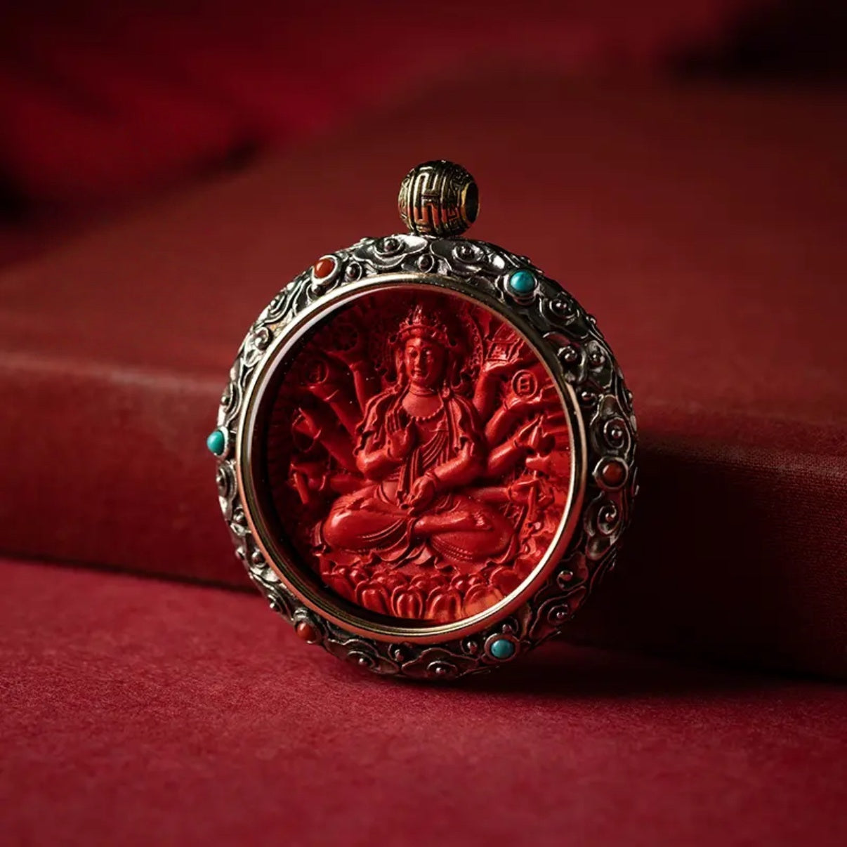 Cinnabar Blessing, Destiny Fortune – Cinnabar & Silver-Inlaid Guardian Buddha Pendant