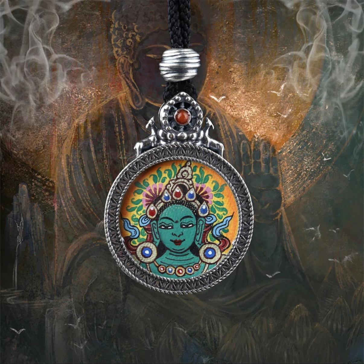 Fortune, fortune, S925 sterling silver hot tribute hand-painted miniature God of Fortune small thangka rotating pendant pendant