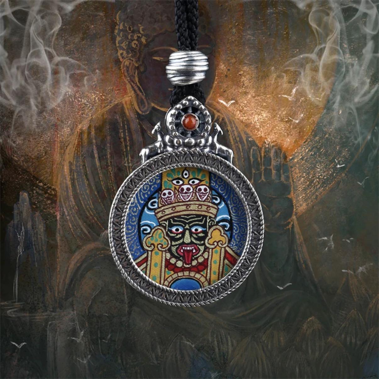 Fortune, fortune, S925 sterling silver hot tribute hand-painted miniature God of Fortune small thangka rotating pendant pendant