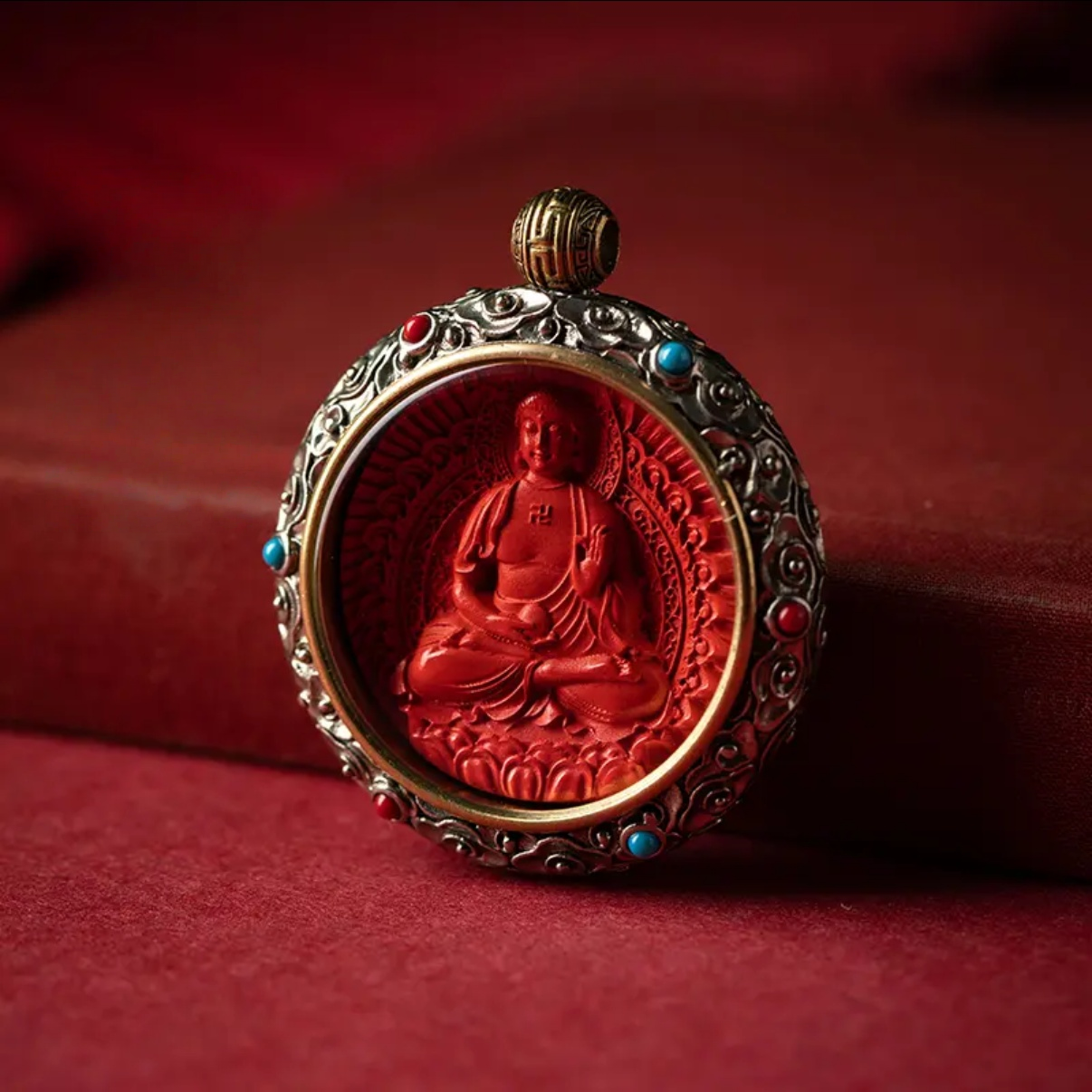 Cinnabar Blessing, Destiny Fortune – Cinnabar & Silver-Inlaid Guardian Buddha Pendant