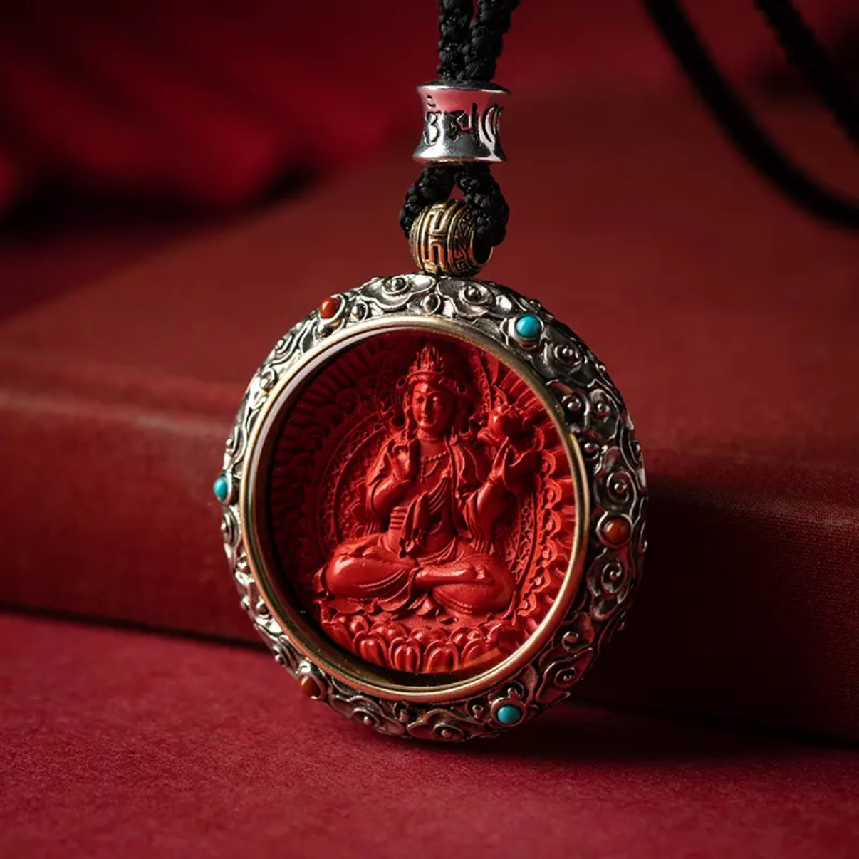 Cinnabar Blessing, Destiny Fortune – Cinnabar & Silver-Inlaid Guardian Buddha Pendant